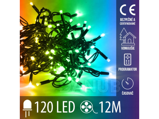 LED vánoční řetěz vnější i vnitřní - 12 m, RGB, ovladač, programy, časovač