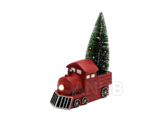 Keramická figurka, červený lokomotiva se stromečkem