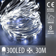 Vánoční led světelný mikro řetěz vnější + programator + dálkové ovládání - 300led - 30m studená bílá