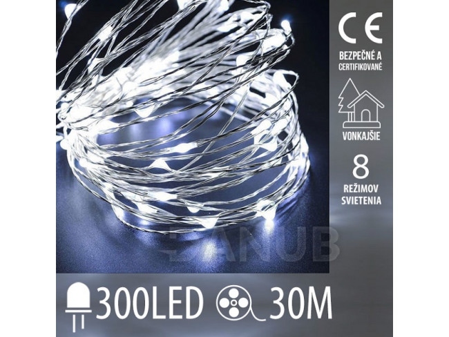 Vánoční led světelný mikro řetěz vnější + programator + dálkové ovládání - 300led - 30m studená bílá