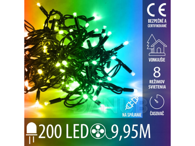 Vánoční led světelný řetěz vnější pro spojování s časovačem + programy - 200led - 9,95m multicolour