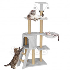 Springos Sisalové škrábadlo pro kočky s hračkou - 8-úrovní - 136 cm - světle šedé