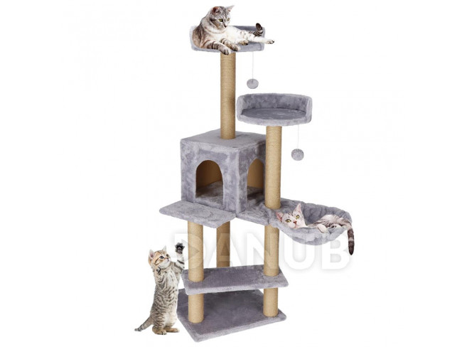 Springos Sisalové škrábadlo pro kočky s hračkami - 7-úrovní - 129 cm - tmavě šedé