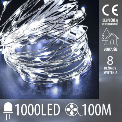 Vánoční led světelný mikro řetěz vnější + programator - 1000led - 100m studená bílá