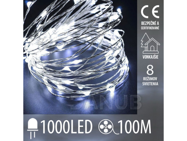 Vánoční led světelný mikro řetěz vnější + programator - 1000led - 100m studená bílá