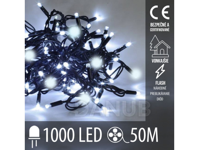 Vánoční led světelný řetěz vnější FLASH - 1000led - 50m - studená bílá / studená bílá