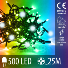 Vánoční led světelný řetěz vnější FLASH - 500led - 25m - multicolour / studená bílá