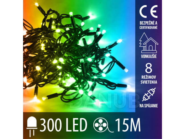 Vánoční led světelný řetěz vnější - ke spojování + programator - 300led - 15m Multicolour