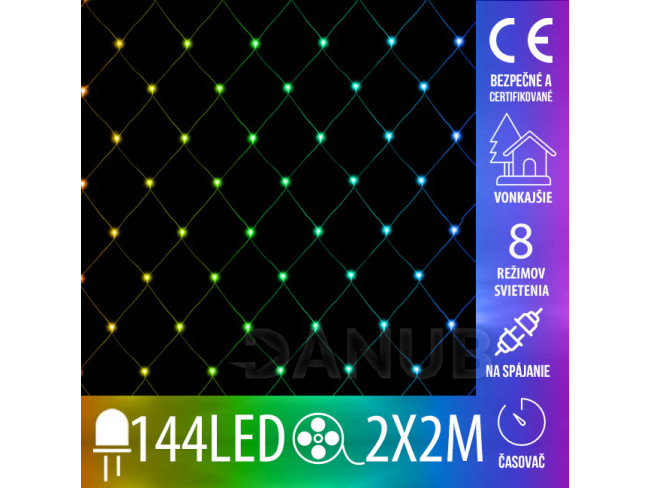 Vánoční led světelná síť vnější ke spojování + programator + časovač - 144led - 2x2m multicolour