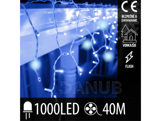 Vánoční led světelná záclona pro spojování vnější flash - 1000led - 40m - modrá/studená bílá