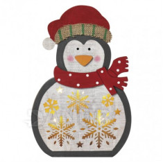 LED vánoční tučňák dřevěný, 30cm, 2 × AAA, teplá b., Čas.