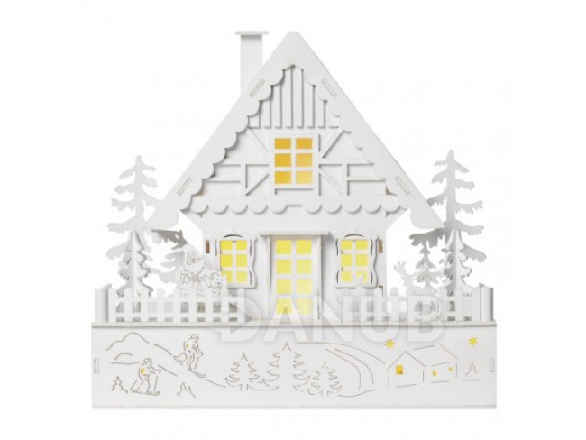 LED vánoční domek, 28cm, 2 × AAA, teplá bílá, časovač