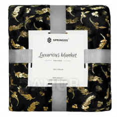 SPRINGOS Plyšová deka LUX - 150x200cm - černá + zlaté listy