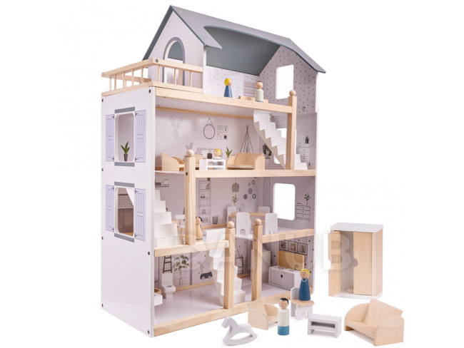 Dřevěný domeček pro panenky + nábytek - 80 cm
