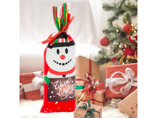 Vánoční držák lahví se stuhou - sněhulák - polyester - 32 x 12,5 cm