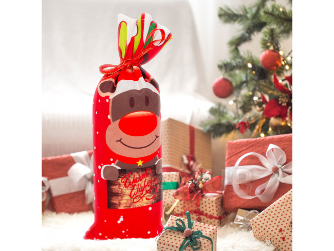 Vánoční držák lahví se stuhou - sob - polyester - 32 x 12,5 cm