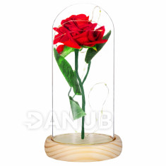 Springos Věčná růže ve skle - Led - 22 cm - červená/zelené listy - přírodní dřevo