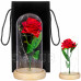 Springos Věčná růže ve skle - Led - 22 cm - červená/zelené listy - přírodní dřevo