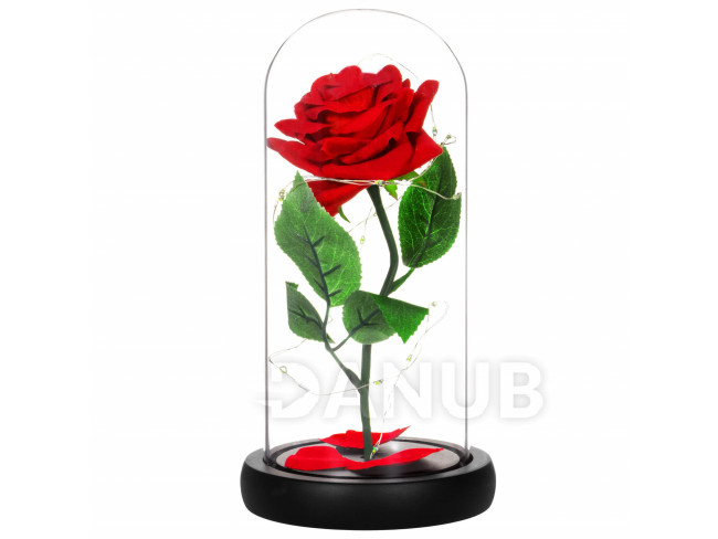 Springos Věčná růže ve skle - Led - 22 cm - červená/zelené listy