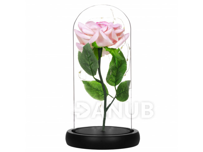 Springos Věčná růže ve skle - Led - 22 cm - růžová/zelené listy