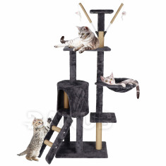Springos Sisalové škrábadlo pro kočky s hračkami - 6-úrovní - 145 cm - grafitové