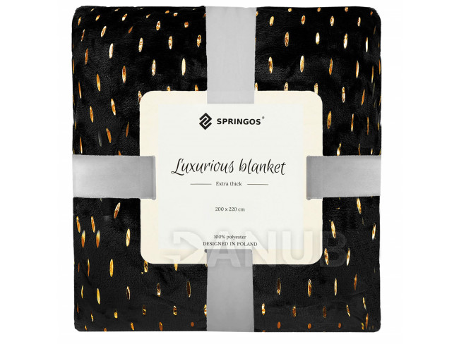 SPRINGOS Plyšová deka LUX - 200x220cm - černá + zlaté detaily