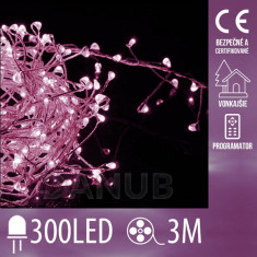 Vánoční led světelná mikro řetěz cluster venkovní + programator - 300led - 3m růžová + studená bílá