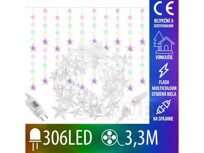 Vánoční led světelná záclona na spojování vnější flash - hvězdy - 180led - 2m multicolour / studená bílá