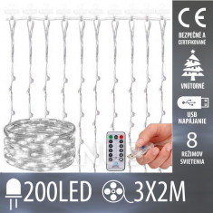 Vánoční led světelná záclona vnitřní USB - 200 led - programy - ovladač - 3x2m - studená bílá