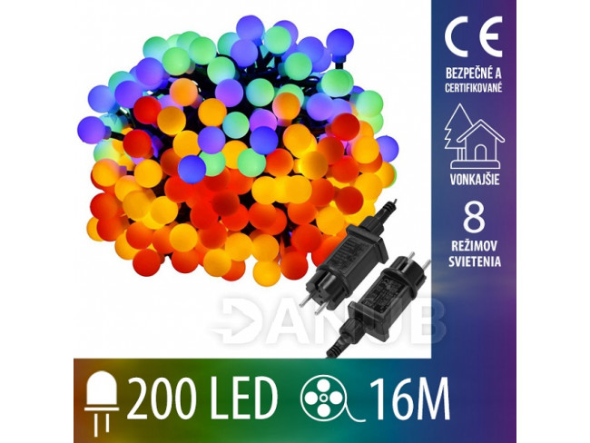 Vánoční led světelný řetěz vnější - kulky - programator - 200led - 16m multicolour