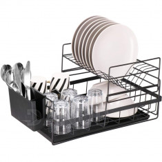 Springos Odkapávač na nádobí a příbory - kovový - patrový - 30x50x24 cm - černý