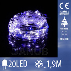 Vánoční led světelný mikro řetěz na baterie - 20led - 1,9m studený bílý + modrý