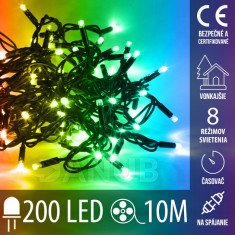 Vánoční led světelný řetěz vnější pro spojování s časovačem + programy + dálkový ovladač - 200led - 10m multicolour