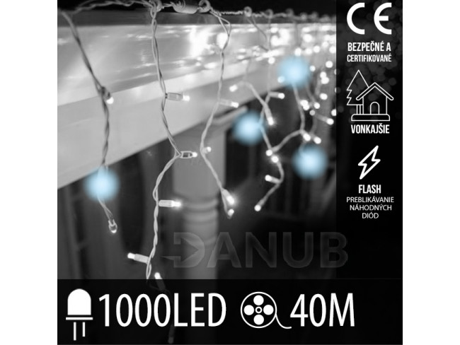 Vánoční led světelná záclona pro spojování vnější flash - 1000led - 40m - studená bílá / studená bílá