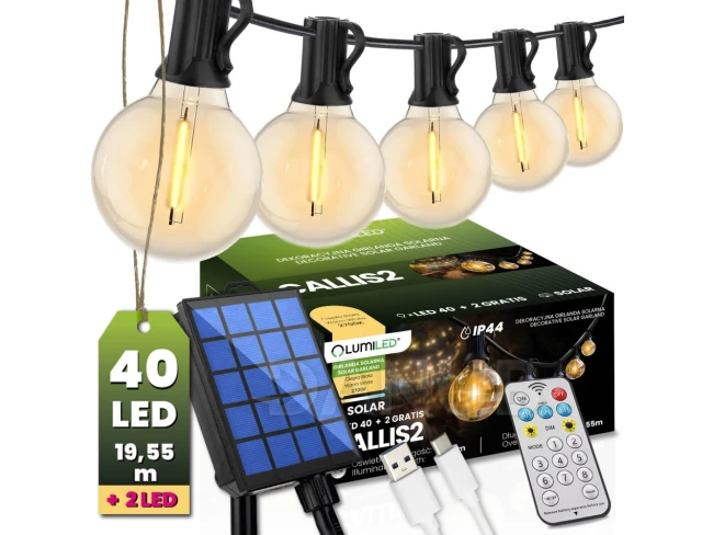 Solární zahradní girlanda 40x LED ozdobné kuličky 19,55m