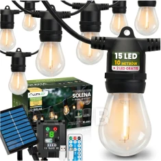 Solární zahradní girlanda 15x LED ozdobné žárovky 10,4m 2700K teplá + dálkové ovládání SOLENA LUMILED
