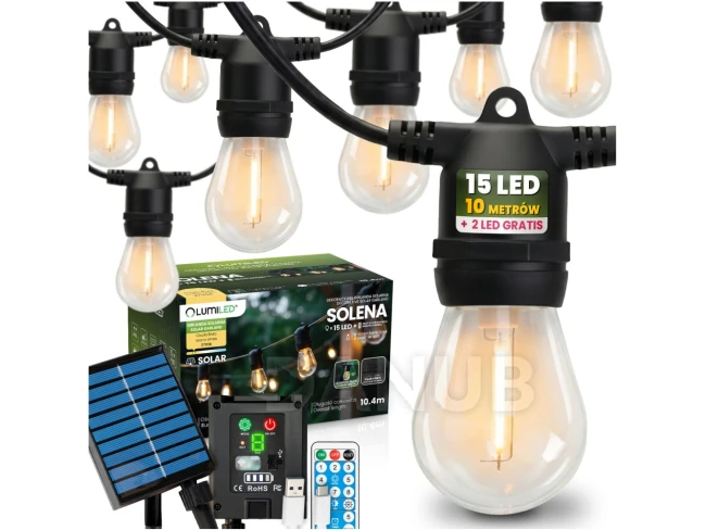 Solární zahradní girlanda 15x LED ozdobné žárovky 10,4m 2700K teplá + dálkové ovládání SOLENA LUMILED
