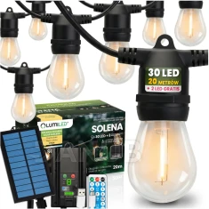 Solární zahradní girlanda 30x LED ozdobné žárovky 20m 2700K teplá s dálkovým ovladačem SOLENA LUMILED