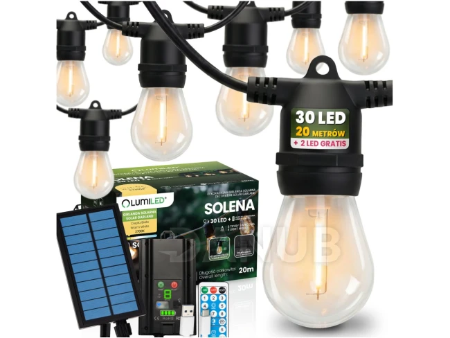 Solární zahradní girlanda 30x LED ozdobné žárovky 20m 2700K teplá s dálkovým ovladačem SOLENA LUMILED