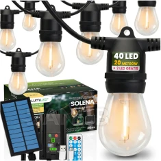 Solární zahradní girlanda 40x LED dekorativní žárovky 20m 2700K teplá s dálkovým ovládáním SOLENA LUMILED