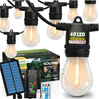 Solární zahradní girlanda 40x LED dekorativní žárovky 20m 2700K teplá s dálkovým ovládáním SOLENA LUMILED