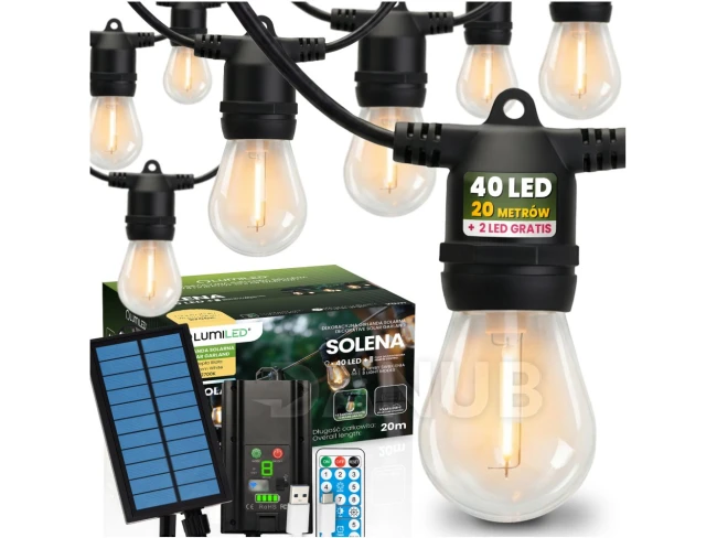 Solární zahradní girlanda 40x LED dekorativní žárovky 20m 2700K teplá s dálkovým ovládáním SOLENA LUMILED