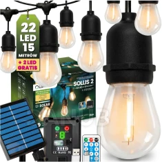 Venkovní solární girlanda 22x LED ozdobné žárovky 15m 2700K teplá IP65 SOLLIS 2 Lumiled