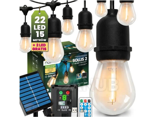 Venkovní solární girlanda 22x LED ozdobné žárovky 15m 2700K teplá IP65 SOLLIS 2 Lumiled