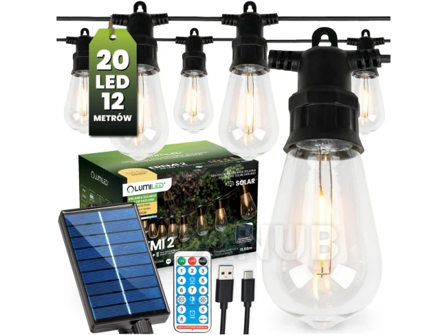 Zahradní solární girlanda 20x LED dekorační žárovky 11,68m 3000K teplá bílá + dálkové ovládání LUMILED