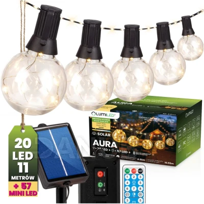 Zahradní solární girlanda 20x LED dekorativní žárovky 10,55m 3000K teplá + dálkové ovládání AURA LUMILED