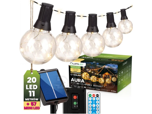 Zahradní solární girlanda 20x LED dekorativní žárovky 10,55m 3000K teplá + dálkové ovládání AURA LUMILED