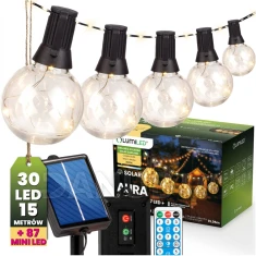Solární zahradní girlanda 30x LED dekorativní žárovky 15,05 m 3000K teplá bílá + dálkový ovladač AURA