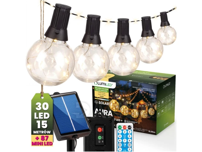 Solární zahradní girlanda 30x LED dekorativní žárovky 15,05 m 3000K teplá bílá + dálkový ovladač AURA