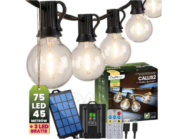 Solární zahradní girlanda 75x LED ozdobné kouličky 45m 2700K teplá bílá + dálkový ovladač CALLIS2 LUMILED